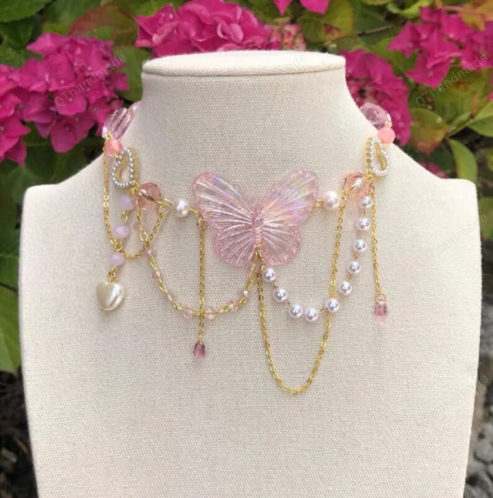 Fairy Pink Gold Butterfly Moth Pearl Chain Necklace, Y2K Jewelry Pixie Fairy core Necklace, Punk Pearl Beaded Choker Necklace, Gift For Her