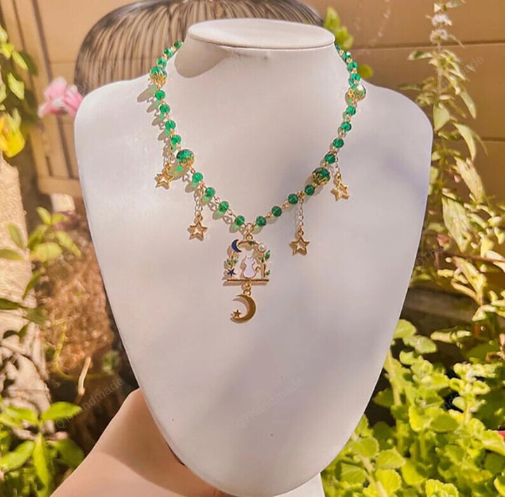 Cat Pendant Necklace Moon Star Y2k Necklaces Women Jewelry Soft Aesthetic Emerald Cat Style Cottage Core Necklace, Fairy Cottagecore Jewelry
