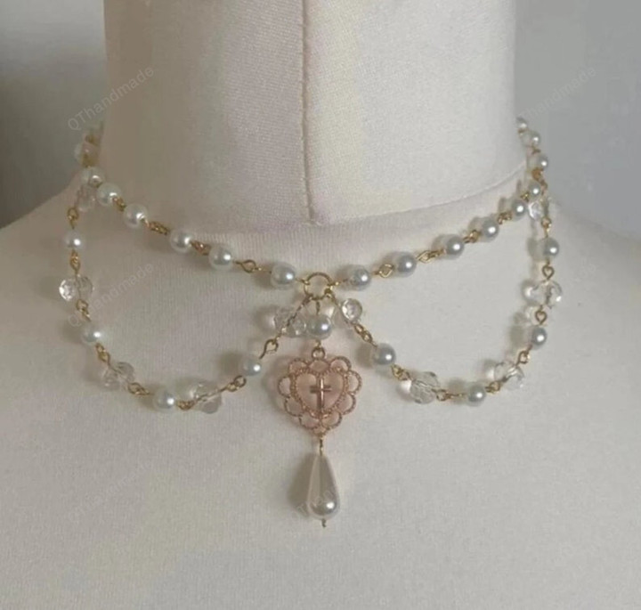 Victorian Cross Heart Pearl Pendant Necklace, Fairy Core Water Drop Crucifix Heart Charm Rosary Necklace, Gothic Jewelry Accessories