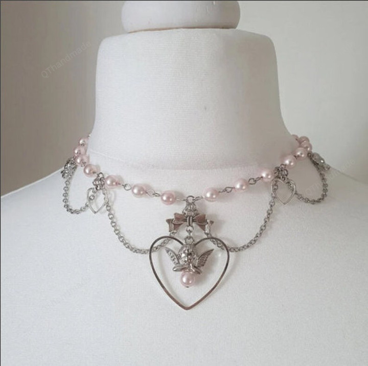 Pink Pearl Beaded Heart Charms Necklace, Y2K Jewelry Pixie Fairy core Necklace, Punk Pearl Beaded Choker Necklace, Gift For Her