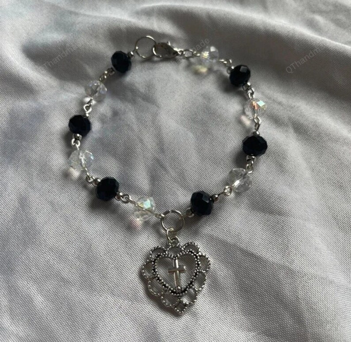Black Crystal Cross Bracelet Gift For Him and Her, Vintage Gorgeous Fairy Core, Cabin Core y2k Bracelets/Cottagecore cottage core jewelry
