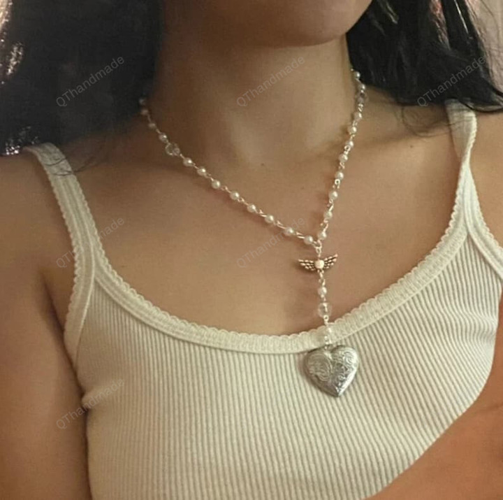 Handmade White Heart Locket Rosary Style Necklace | Heart Locket/Fairy Tale Fairycore Necklace/Choker Collar Y2K