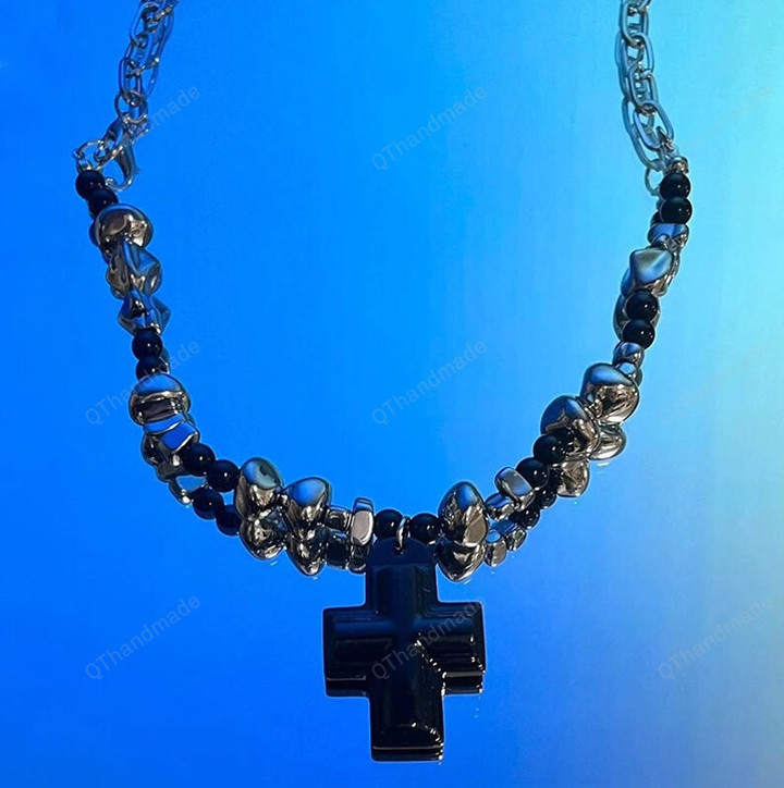 Grunge Rock DIY Cross Necklace Egirl Aesthetic Irregular Pearl Pendant Necklace Gothic JewelleryPunk Accessories/Witchy Fairy Fairycore