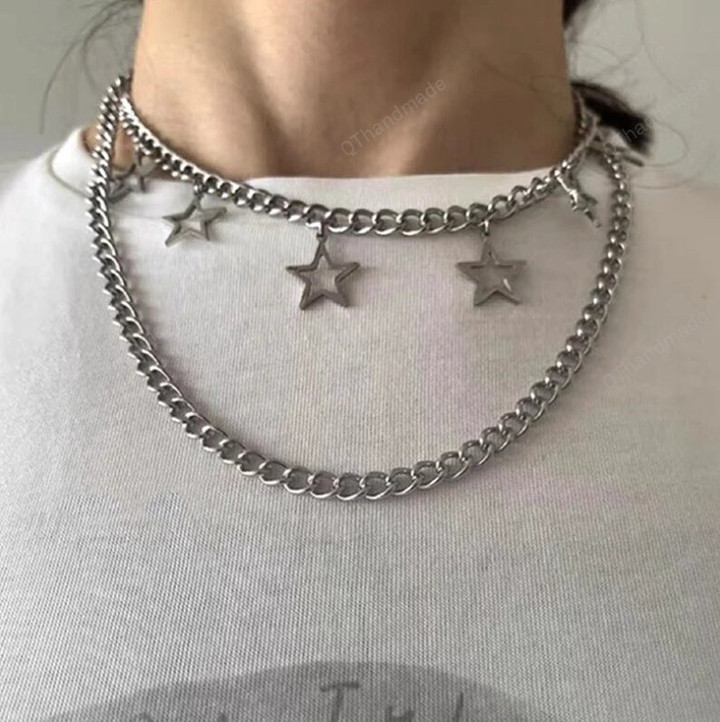 2pcs Star Necklace Unique Stacked Choker Punk Aesthetic Chains Necklaces Women Egirl Jewelry Grunge Rock/Witchy Fairy Fairycore