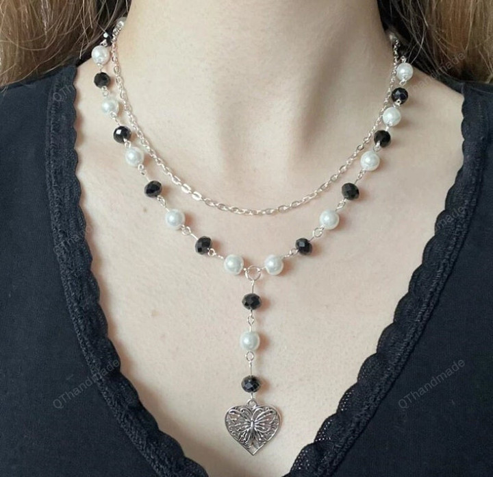 Layered Black & White Rosary Y2K Butterfly Fairycore Beaded Pearl Glass Bead Rosary Chain Necklace Cottage core Jewelry/Choker Collar Y2K