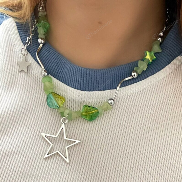 Green DIY Irregular Bead Star Necklace Chain Punk Aesthetic Pendant Necklace Grunge Rock Jewelry Egirl Accessorie/Witchy Fairy Fairycore