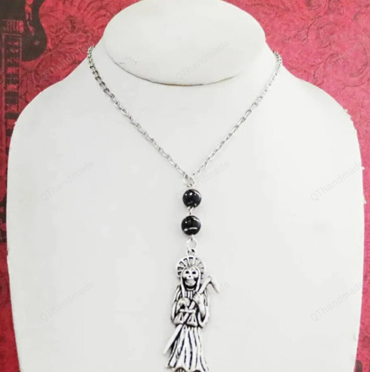Grim Reaper Necklace - Silver Chain, Black Silver Swirl Beads, Death Jewelry,Necklace,Gift For Her