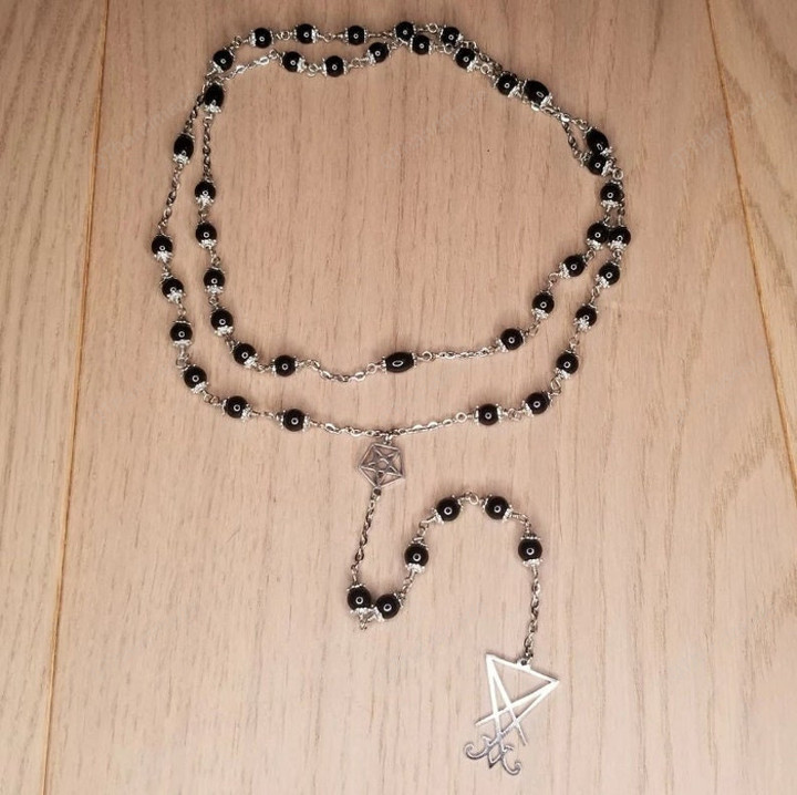 Lucifer's Fancy Print, Black Glass Rosary Pendant Necklace,Sacred Death Rose,Gift For Her