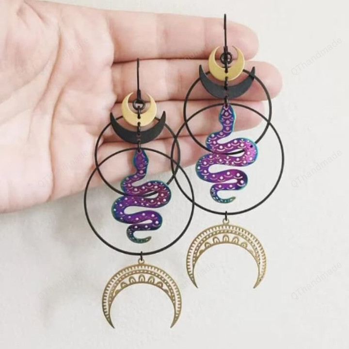 Golden Moon Crescent Colorful Purple Snake Hoop Earrings, Fashion Jewelry Accessories, Witchy Grunge Earrings, Boho Wicca Jewelry Earrings