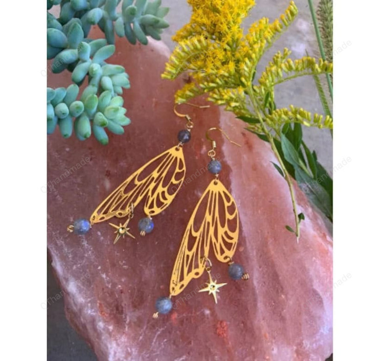 Golden Moth Butterfly Wings Earrings, Fashion Jewelry Accessories, Witchy Grunge Statement Earrings, Bohemian Wicca Jewelry Earrings