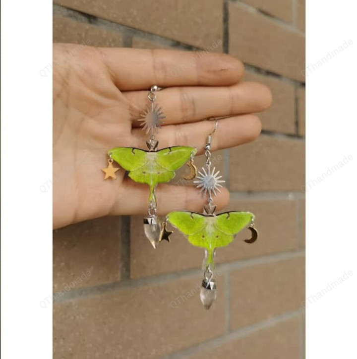 Green Moth Butterfly Clear Quartz Earrings, Fashion Jewelry Accessories, Witchy Grunge Statement Earrings, Bohemian Jewelry Earrings