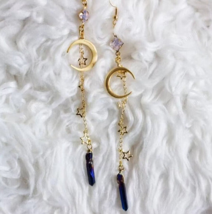 Gothic Crescent Star Deep Blue Quartz Earrings, Fashion Jewelry Accessories, Witchy Grunge Statement Earrings, Bohemian Jewelry Earrings