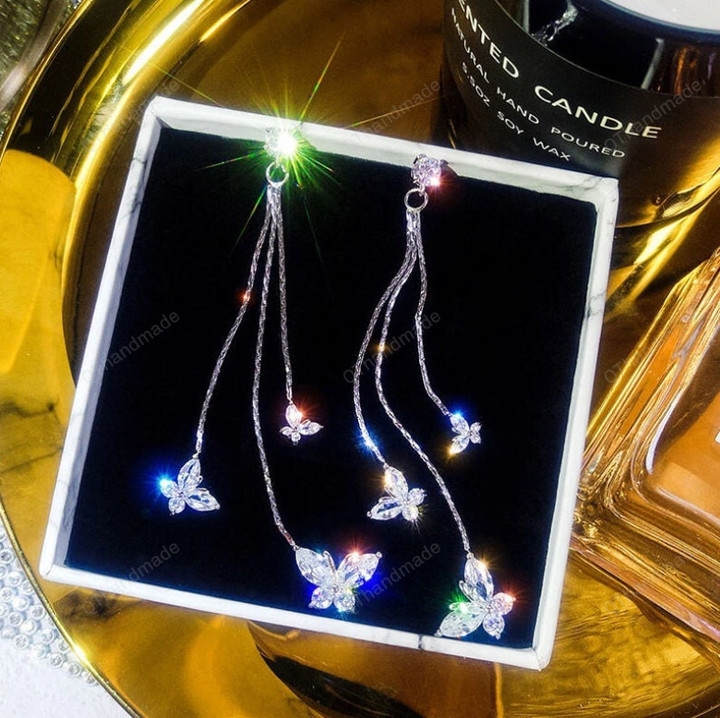 Long Crystal Tassel Butterfly Dangle Earrings Wedding Drop Earrings Charm Shiny/Fairy Cottagecore Jewelry Accessories/Cosplay Costume