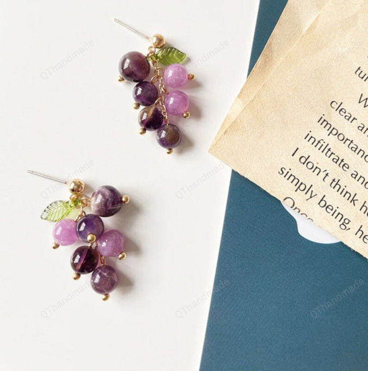 Vintage Crystal Grape Leaf Earrings Sweet Smooth Geometric Ball Fruit Drop Earrings/Fairy Cottagecore Jewelry Accessories/Cosplay Costume