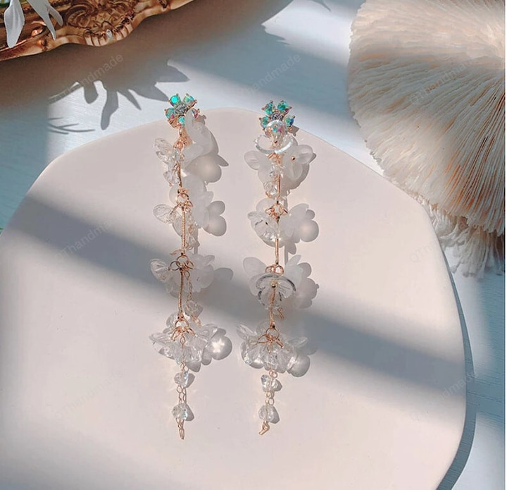 Boho White Purple Flower Tassel Long Drop Earrings Summer Trends Jewelry Pendientes/Fairy Cottagecore Jewelry Accessories/Cosplay Costume