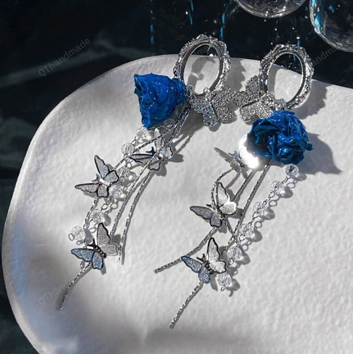 Vintage Blue Flower Drop Earrings For Women Trendy Butterfly Tassel Pendientes Party Jewelry Gifts,Fairy Cottagecore Jewelry Accessories