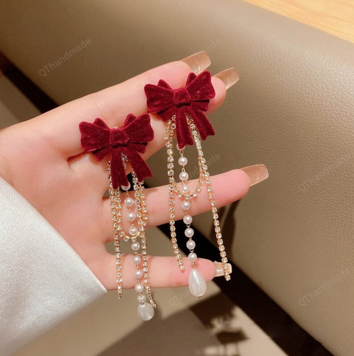 Elegant Resin Bowknot Drop Earrings For Women Pearl Rhinestone Tassel Boucle D'oreille Party Jewelry,Fairy Cottagecore Jewelry Accessories