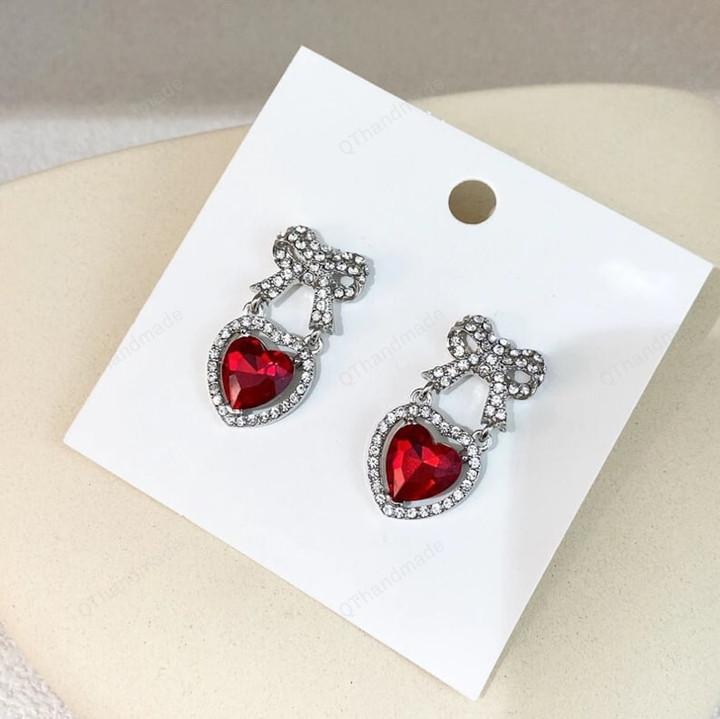 Elegant Rhinestone Bowknot Drop Earrings For Women Red Heart Crystal Pendientes Party Jewelry Gifts,Fairy Cottagecore Jewelry Accessories