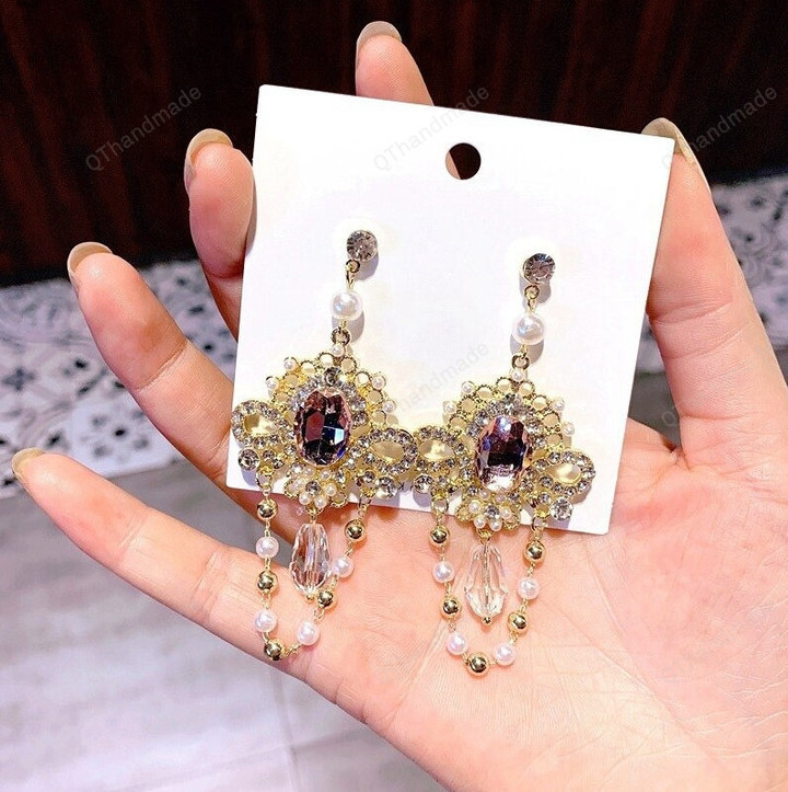 Baroque Style Vintage Crystal Tassel Dangle Earrings Elegantl Pearl Rhinestone Earings Jewelry,Fairy Cottagecore Jewelry Accessories
