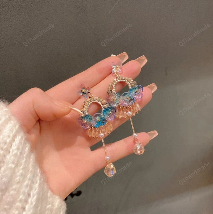 Luxury Rhinestone Circle Tassel Drop Earrings For Women Girls Acrylic Flower Pendientes Jewelry,Fairy Cottagecore Jewelry Accessories