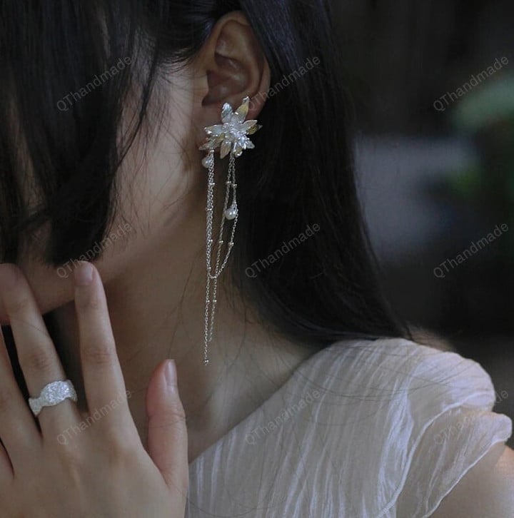 Vintage Silver Plated Flower Drop Earrings For Women Elegant Pearl Long Tassel Oorbellen Jewelry Gifts,Fairy Cottagecore Jewelry Accessories