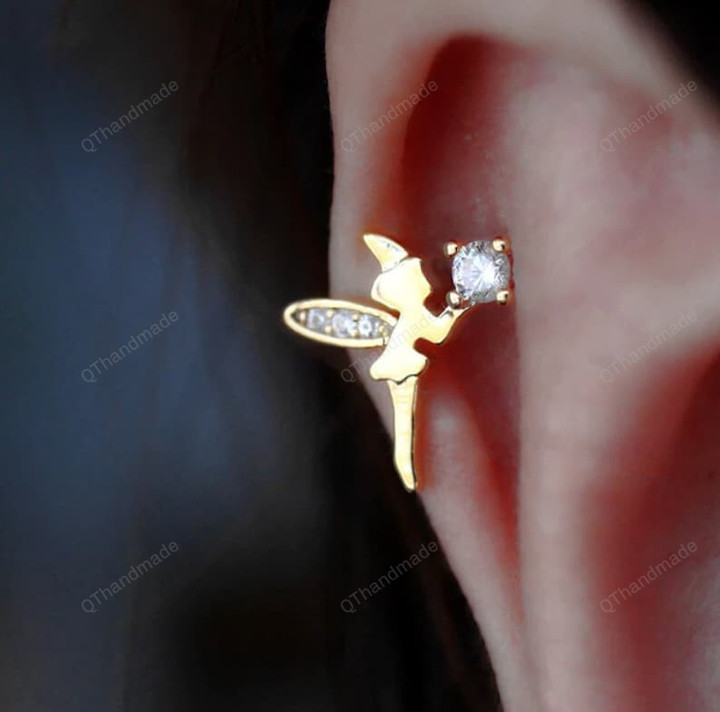 Fairy Angel Titanium Steel Screw Piercing Stud Tragus Earring Gold Tone Tiny Mid Low Helix Body Jewelry/Bestie Gifts/Fairy jewelry/BFF Gifts