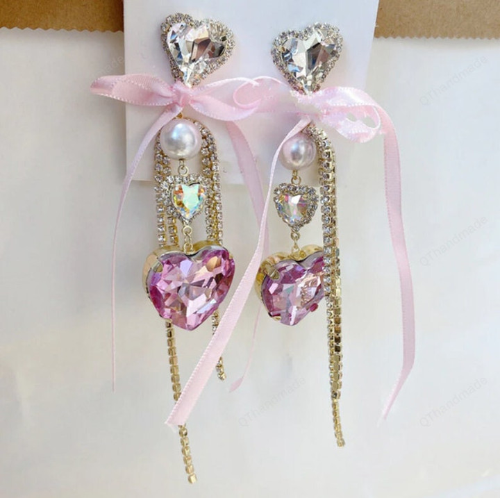 Luxury Elegant Yarn Bowknot Heart Crystal Long Tassel Drop Earrings Girls Holiday Party Jewelry/Bestie Gifts/Fairy jewelry/BFF Gifts