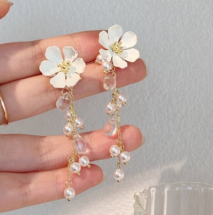 Sweet White Daisy Metal Flower Drop Earrings Girls Elegant Pearl Tassel Long Pendientes Jewelry Gifts/Bestie Gifts/Fairy jewelry/BFF Gifts