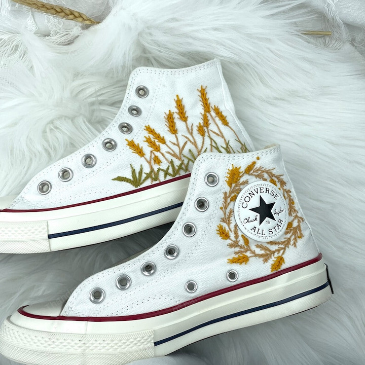 Custom Converse Sun Flower Embroidery Shoes, Embroidery Butterfly Flowers Leaf Shoes, Custom Name Converse Shoes, Embroidered Flowers Converse Shoes