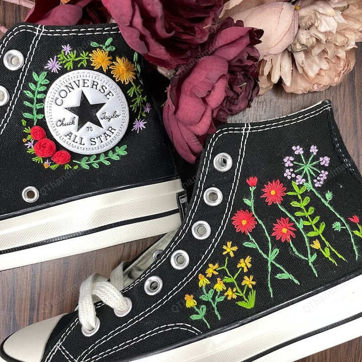 Custom Floral Embroidery Converse Chuck Taylor 1970s Shoes, Custom Name Floral Embroidery Shoes, Gift For Friend, Wedding Shoes