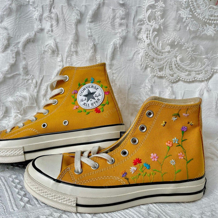 Embroidered Butterfly Converse Chuck Taylor Shoes - Hand Embroidered Sun Flower Embroidery Shoes - Custom Embroidered Floral Converse- Wedding Converse Shoes