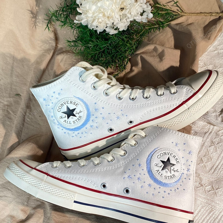 Custom Embroidered Sun Star Moon High-Tops Converse 1970S Shoes/ Personazlied Converse Embroidered Sweet Flowers Shoes/ Custom Converse Floral Embroidery for Bride