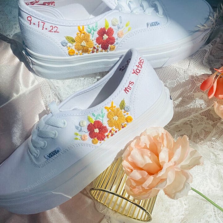 Custom Name Date Embroidered Flower Vans Shoes, Embroidered Custom Floral Slip on Vans Sneakers, Embroidered Wedding Shoes, Personalized Name Floral Vans For A Bride