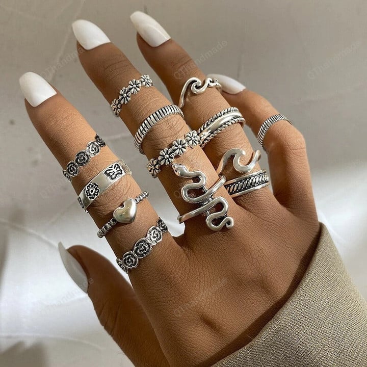 Snake Heart Rings for Women, Fashion Jewelry Ring Set, Aesthetic Jewelry Accessories, Silver Floral Snake Heart Finger Ring Set
