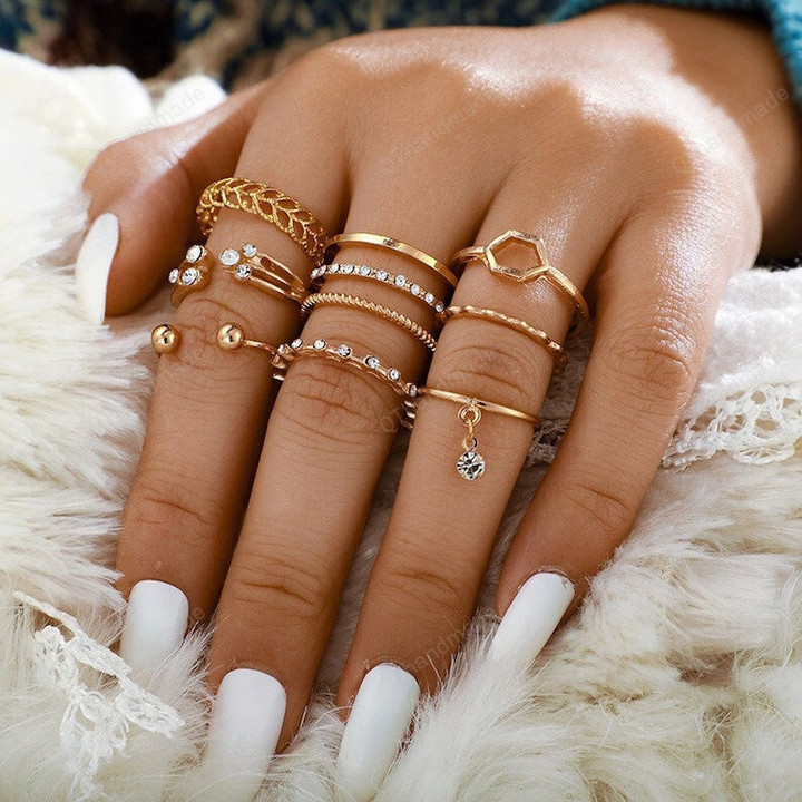 Fashion Boho Crystal Joint Ring Set For Women, Geometric Knuckle Finger Rings, Bohemia Wedding Party Jewelry Gift, Jewelry Accessories