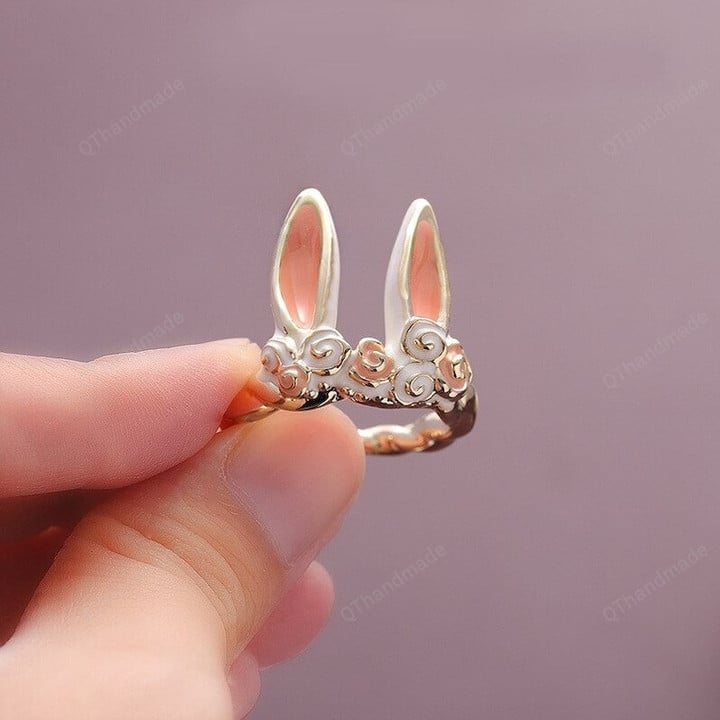 Lovely Pink Rabbit Ear Rings For Women, Animal Flower Opening Finger Rings, Kawaii Bunny Ears Rings, Jewelry Accessories Gift