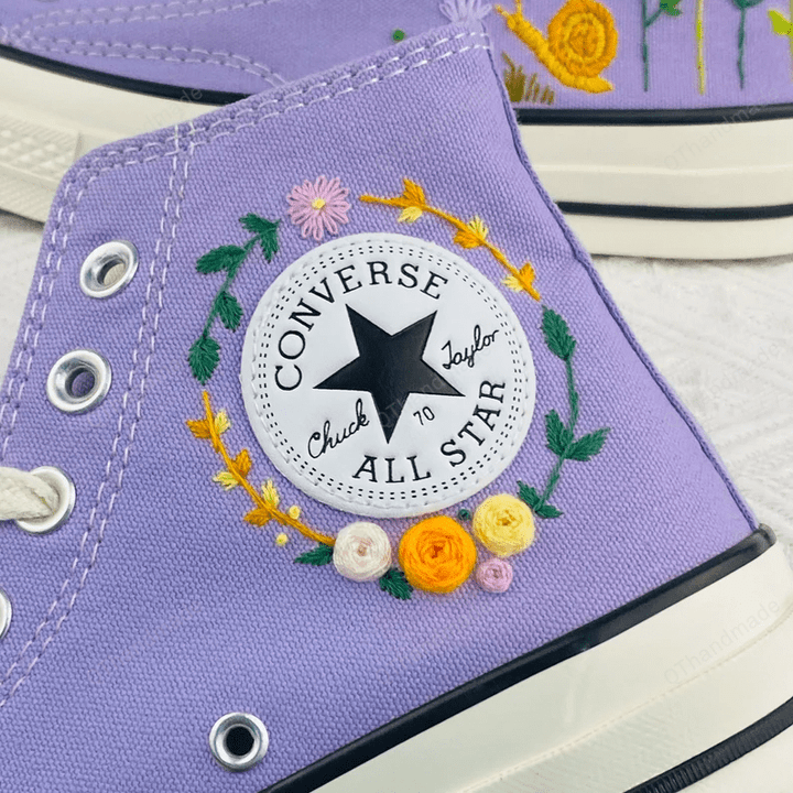 Custom Converse Embroidered Snail and sweet Flowers Floral/ Embroidery Wedding Shoes/ Embroidered Flowers Converse/ Converse Custom Sun Flower Embroidery/ Converse Custom Chuck Taylor 70 embroidered flowers