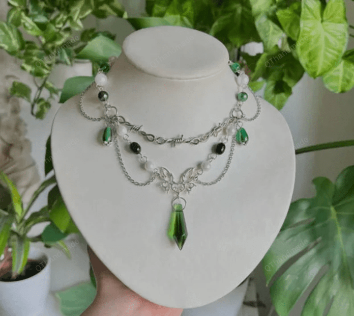 Green Forest Goddess Fairy Necklace, Pearl Y2k Indie Jewelry Pixie Fairycore Quartz Witch Necklace, Cottagecore Jewelry Accessories