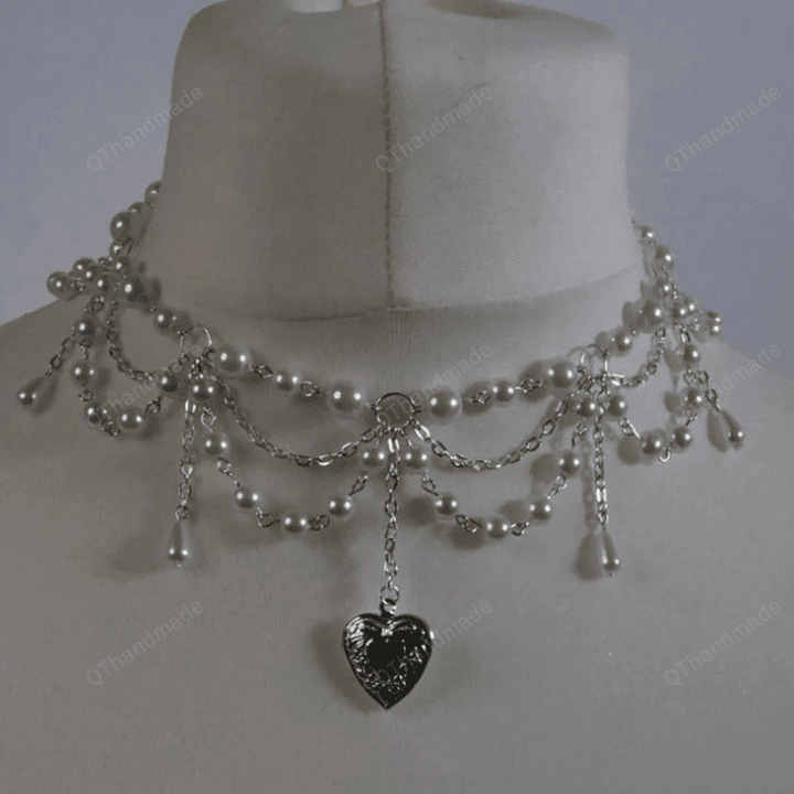 Pearl Heart Locket Layered Necklace, Y2K Gothic Pixie Fairycore Victorian Bead Crystal Necklace, Cottagecore Jewelry Accessories