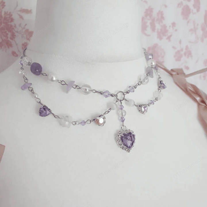 Handmade Dreamy Purple Hearts Clutter Necklace, Y2K Gothic Pixie Fairycore Bead Crystal Necklace, Cottagecore Jewelry Accessories
