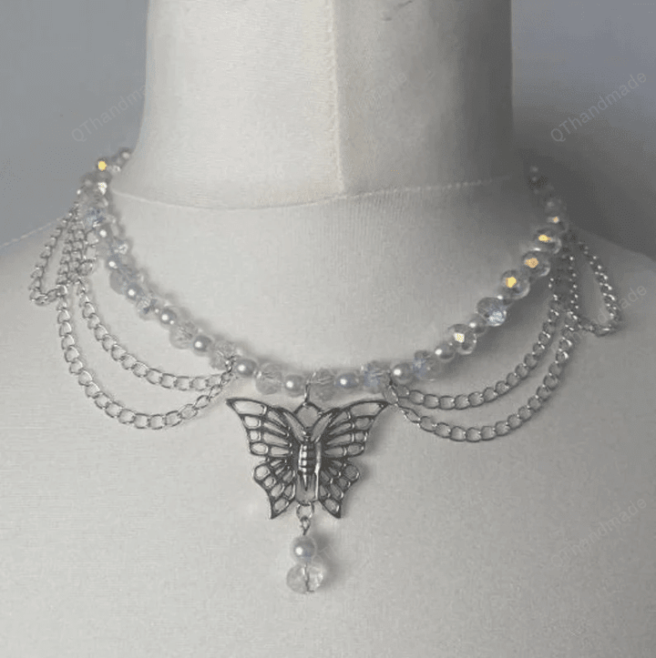Pearls Butterfly Fairycore Necklace, Y2K Moth Pearl Crystal Pixie Fairycore Necklace, Gothic Jewelry Accessories, Cottagecore Jewelry