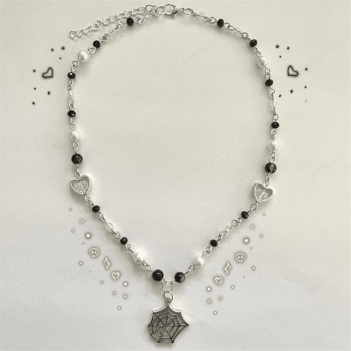 Handmade White Black Glass Pearl Beads Necklace, Crystal Pearl Beads Rosary Necklace With Spiderweb Charms Pendant, Y2K Indie Pixie Jewelry