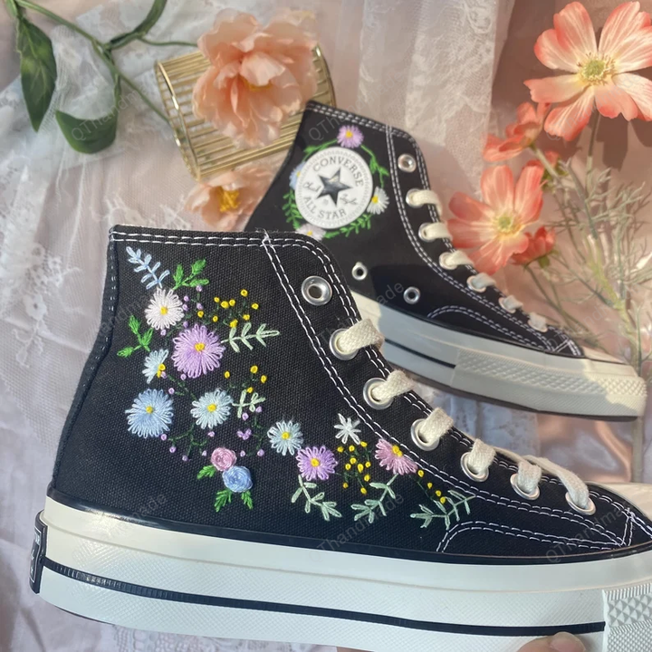 Flower Embroidered Converse High-Tops/ Converse Cosmic Hand Embroidery Shoes/ Mushroom Converse Shoes/ Converse Custom
