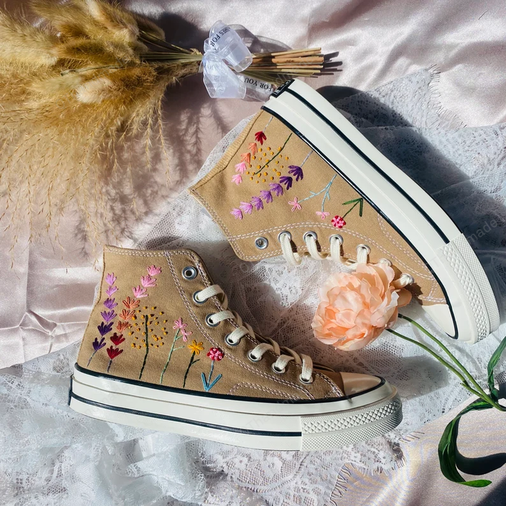 Converse High Neck Floral Embroidery/ Converse Cosmic Hand Embroidery Shoes/ Mushroom Converse Shoes/ Converse Custom
