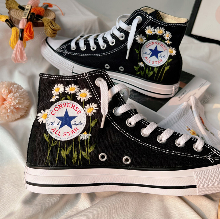 Embroidered Daisy Flowers Converse/ Custom Converse Colorful Leaves/ Embroidery Nature Trees/ Best For Gift