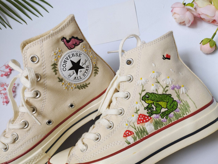 Custom Mushrooms And Frogs embroidered/ Gift For Her/ Custom Converse Colorful Leaves/ Embroidery Nature Trees/ Best For Gift