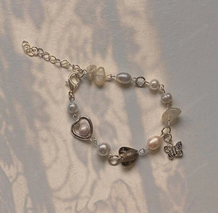 Handmade Heart Pearl Butterfly Bracelet Y2K Cute Fairy Core Bracelet/90s Retro Bracelet Y2k/Cottagecore Cottage core Jewelry