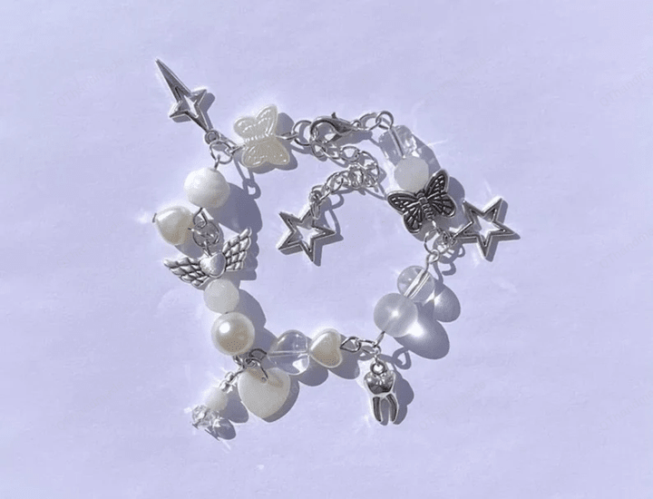 Tooth Fairy Bracelet,Beaded Charms, Dangling Beads, Fairycore, Grunge, White Pearls/90s Retro Bracelet Y2k/Cottagecore Cottage core Jewelry