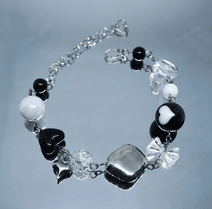 Cute Y2K Bracelets/Heart Bow Tie Black White Acrylic Glass Beads Bracelet Hip Hop Punk Jewelry Girl Gift/Cottagecore cottage core jewelry