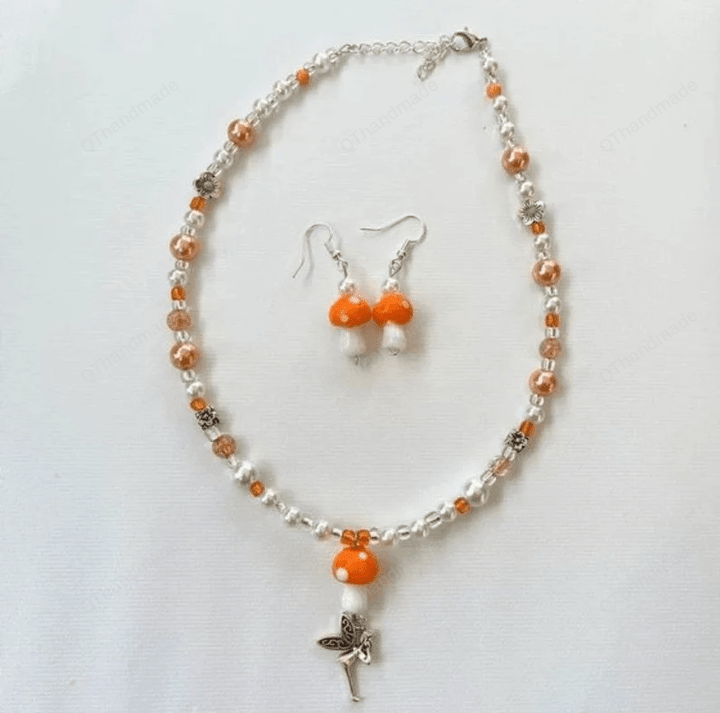 FULL SET ORANGE Mushroom Necklace Pearl Core Fairy Wind Pearl/Earring necklace set/Fairycore Necklace ,Fairy Coquette y2k ,Pixie Necklace